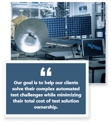 computer with quote box that says - Our goal is to help our clients solve their complex automated test challenges while minimizing their total cost of test solution ownership.
