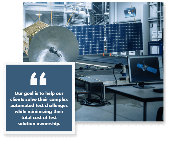 computer with quote box that says - Our goal is to help our clients solve their complex automated test challenges while minimizing their total cost of test solution ownership.